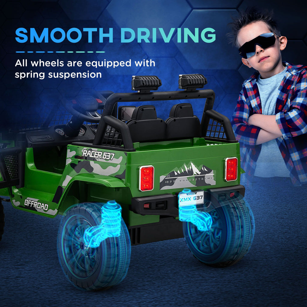 Yeah Depot - Qaba 12V Ride on Truck, Battery Powered Kids Electric Car with Parent Remote, 4 Suspension Wheels, 3 MPH Max Speed, Music, Horn & LED Lights for Ages 3-6 Years Old, Green