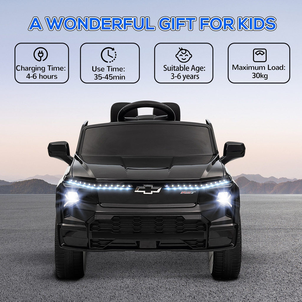 Yeah Depot - Qaba 12V Kids Electric Car, Chevrolet Silverado EV RST Licensed Ride on Car with Parent Remote Control, Spring Suspension, Soft Start, Training Wheels, LED Lights, Music, MP3, 3 Speed, Black
