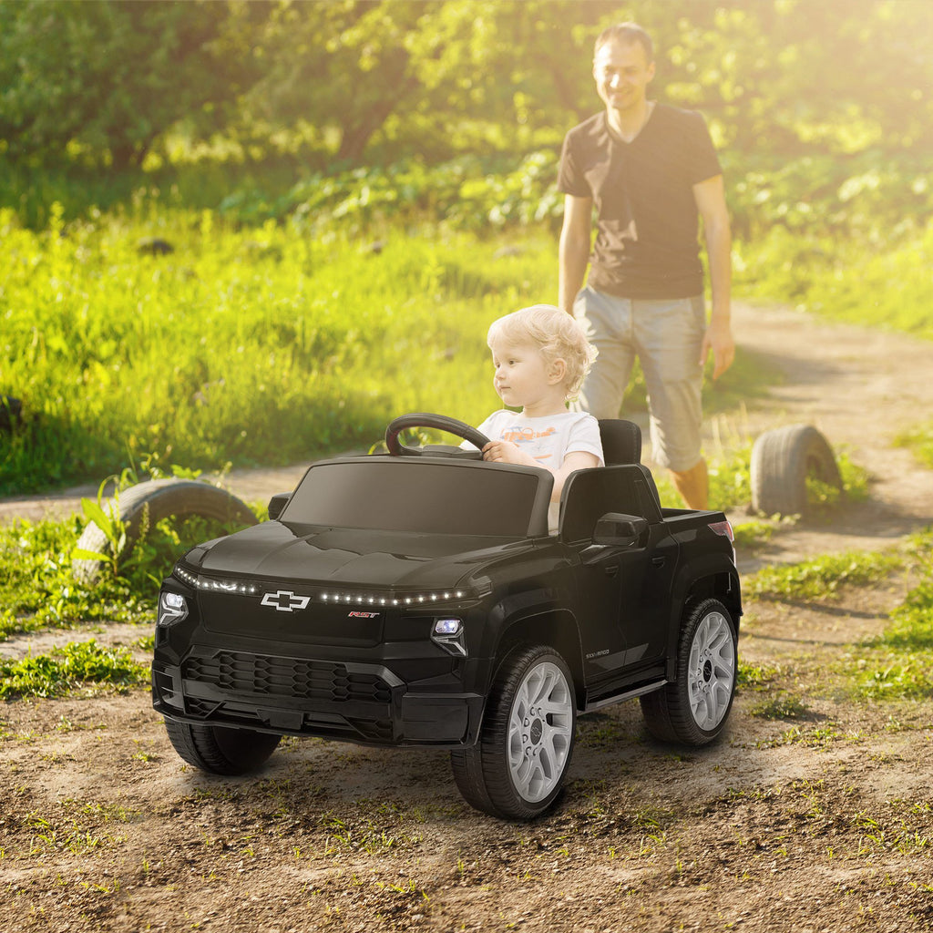 Yeah Depot - Qaba 12V Kids Electric Car, Chevrolet Silverado EV RST Licensed Ride on Car with Parent Remote Control, Spring Suspension, Soft Start, Training Wheels, LED Lights, Music, MP3, 3 Speed, Black