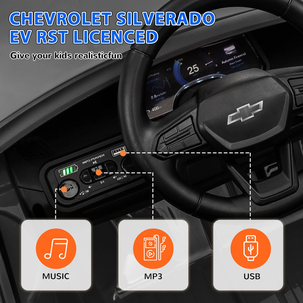 Yeah Depot - Qaba 12V Kids Electric Car, Chevrolet Silverado EV RST Licensed Ride on Car with Parent Remote Control, Spring Suspension, Soft Start, Training Wheels, LED Lights, Music, MP3, 3 Speed, Black