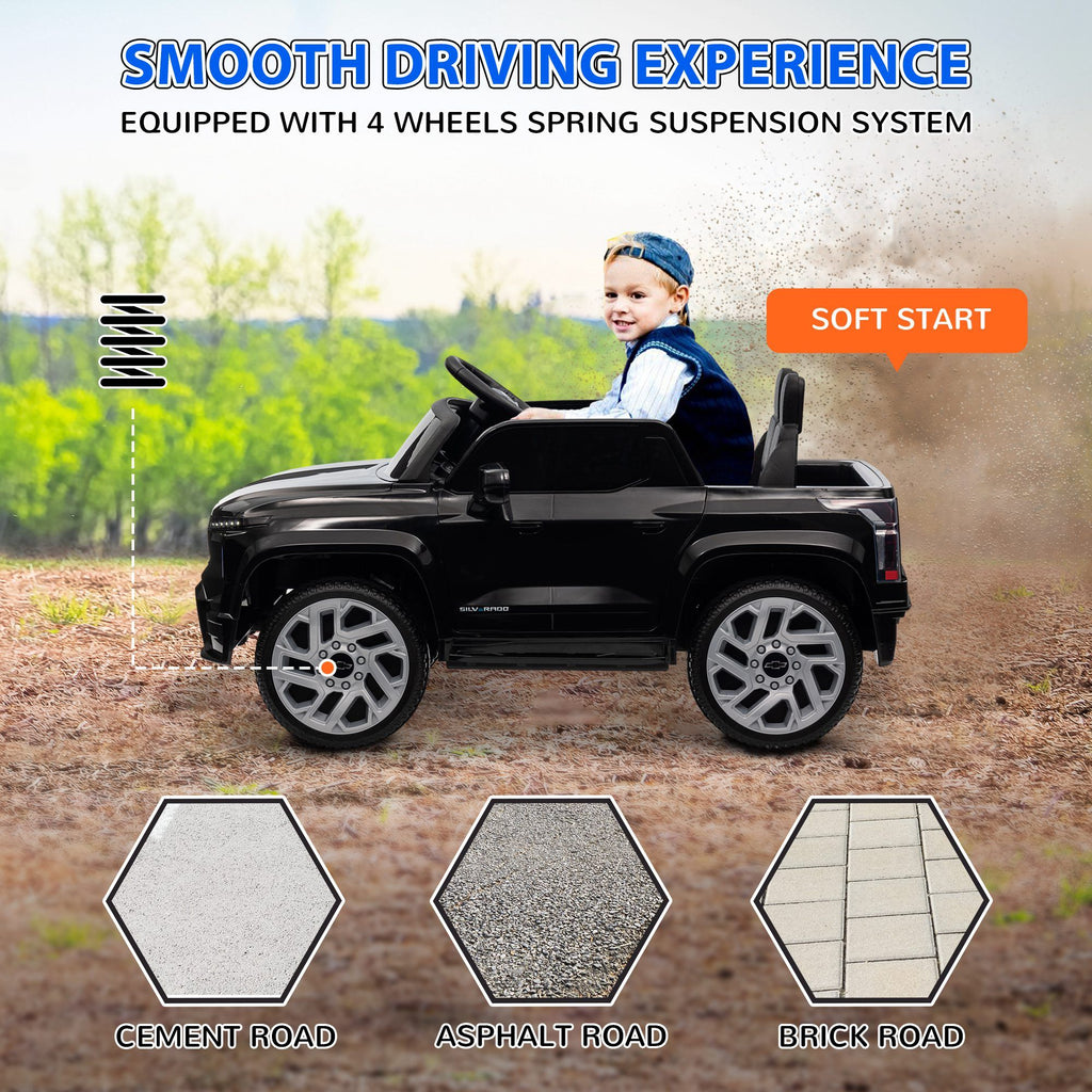 Yeah Depot - Qaba 12V Kids Electric Car, Chevrolet Silverado EV RST Licensed Ride on Car with Parent Remote Control, Spring Suspension, Soft Start, Training Wheels, LED Lights, Music, MP3, 3 Speed, Black