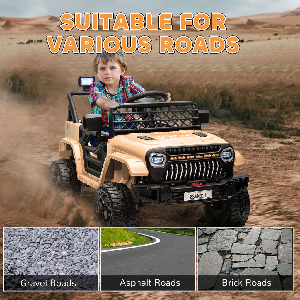 Yeah Depot - Qaba 12V Ride On Truck, Battery Powered Kids Electric Car UTV with 4 Suspension Wheels, Remote Control, 3 Speeds, LED Headlights, Horn, USB Music, Khaki