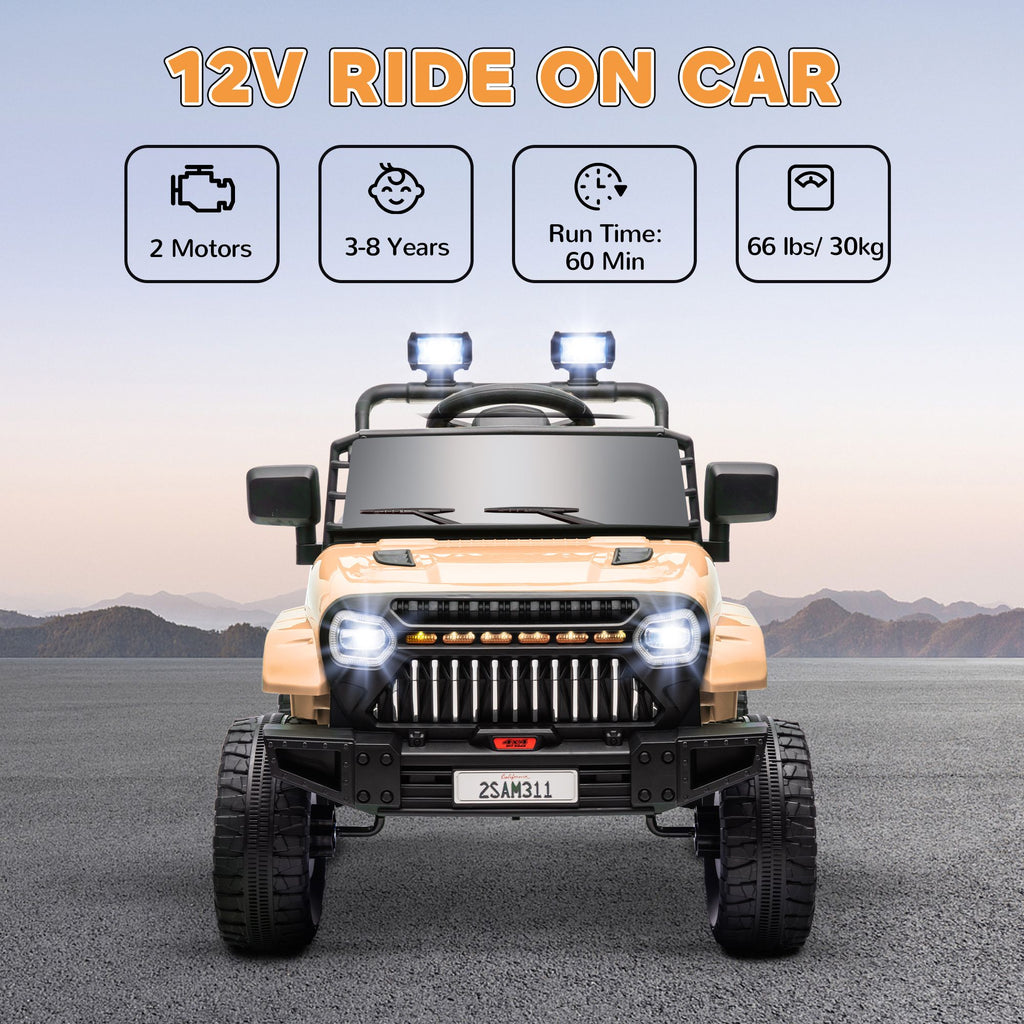 Yeah Depot - Qaba 12V Ride On Truck, Battery Powered Kids Electric Car UTV with 4 Suspension Wheels, Remote Control, 3 Speeds, LED Headlights, Horn, USB Music, Khaki
