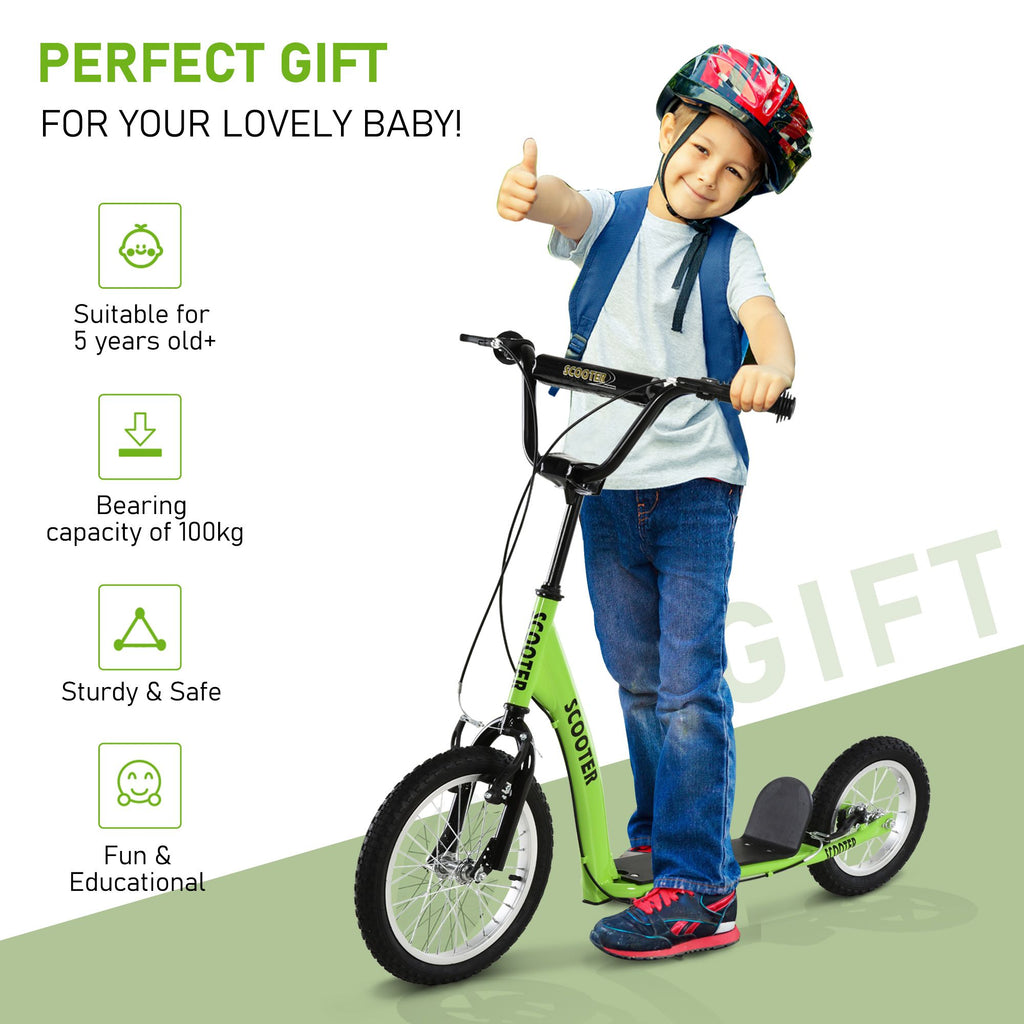 Yeah Depot - Aosom Youth Scooter Kick Scooter for Kids 5+ with Adjustable Handlebar 16'' Front and 12'' Rear Dual Brakes Inflatable Wheels, Green