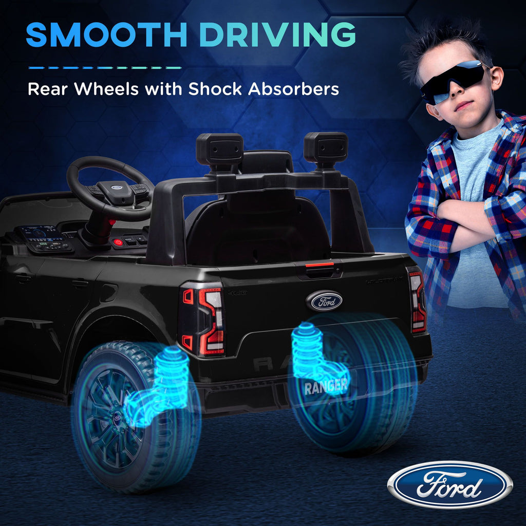 Yeah Depot - Qaba Ford Ranger Licensed 12V Kids Ride on Truck, Toddler Electric Car with Remote Control, Toy Storage, Spring Suspension, LED Headlights, Music Horn, for Ages 3-6 Years, Black