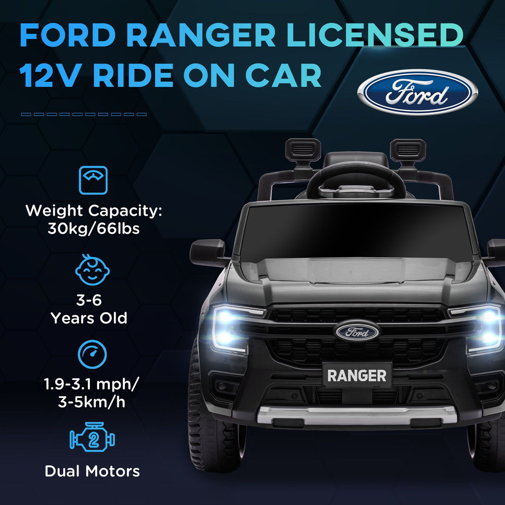 Yeah Depot - Qaba Ford Ranger Licensed 12V Kids Ride on Truck, Toddler Electric Car with Remote Control, Toy Storage, Spring Suspension, LED Headlights, Music Horn, for Ages 3-6 Years, Black