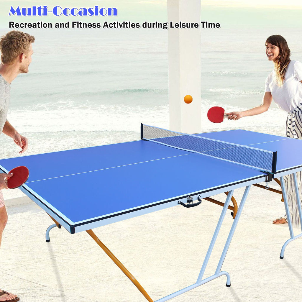Yeah Depot - 9ft Mid-Size Table Tennis Table Foldable & Portable Ping Pong Table Set for Indoor Games with Net, 2 Table Tennis Paddles and 3 Balls