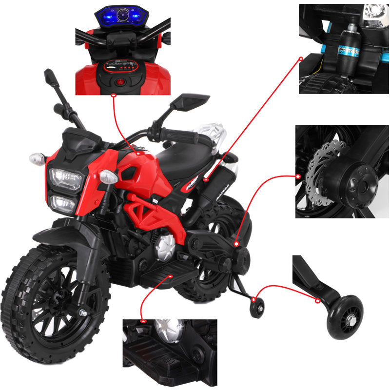 Yeah Depot - Electric Motorcycle for Kids, kids ride on motorcycle, 12V Electric Dirt Bike with Training Wheels, Hand Racing Foot Brake,PU seat, Ride on Motorcycle for 3~6 years Boys Girls gift