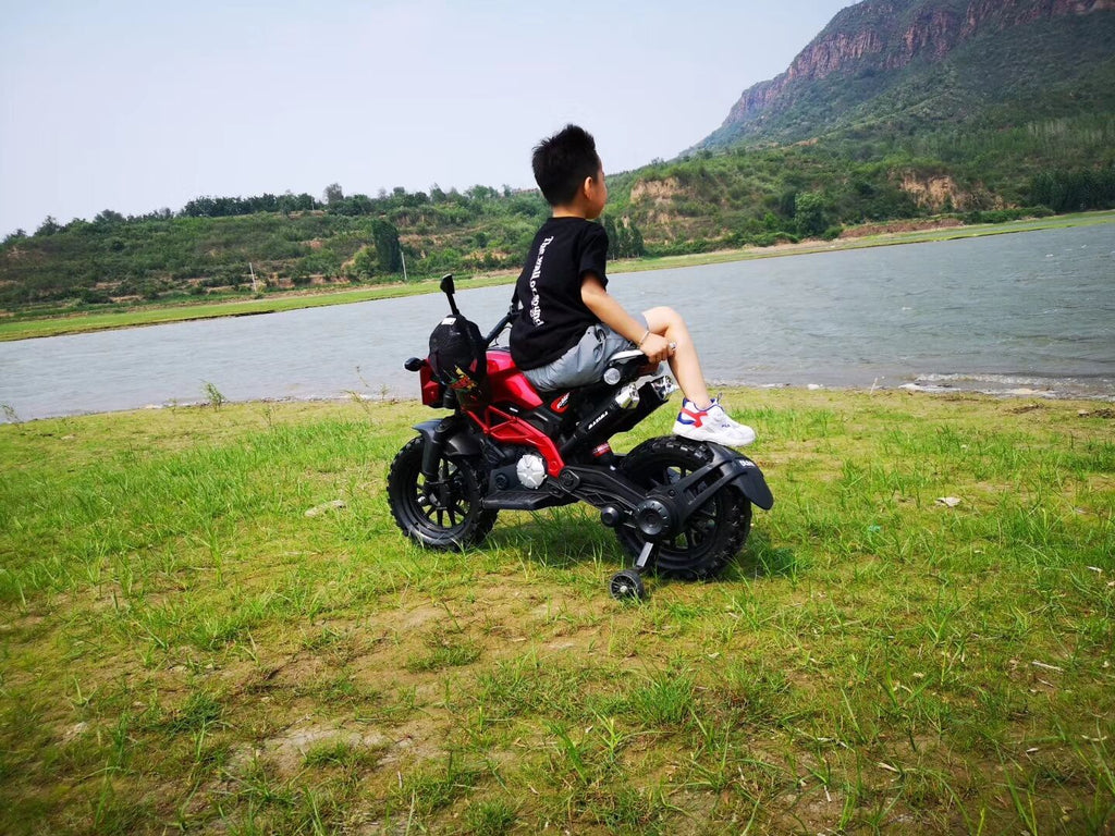 Yeah Depot - Electric Motorcycle for Kids, kids ride on motorcycle, 12V Electric Dirt Bike with Training Wheels, Hand Racing Foot Brake,PU seat, Ride on Motorcycle for 3~6 years Boys Girls gift