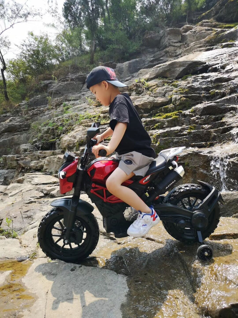 Yeah Depot - Electric Motorcycle for Kids, kids ride on motorcycle, 12V Electric Dirt Bike with Training Wheels, Hand Racing Foot Brake,PU seat, Ride on Motorcycle for 3~6 years Boys Girls gift