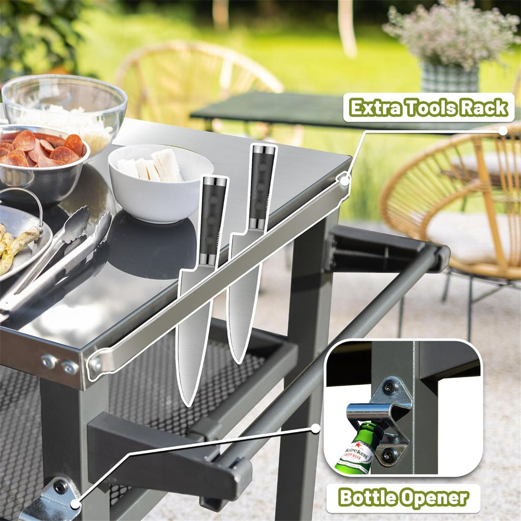 Yeah Depot - 3-Shelf Outdoor Grill Table, Grill Cart with Wheels, Outdoor Pizza Oven and Food Prep Table, Blackstone Table with Stainless Steel Tabletop, Grill Stand for Blackstone Griddle for Outside BBQ