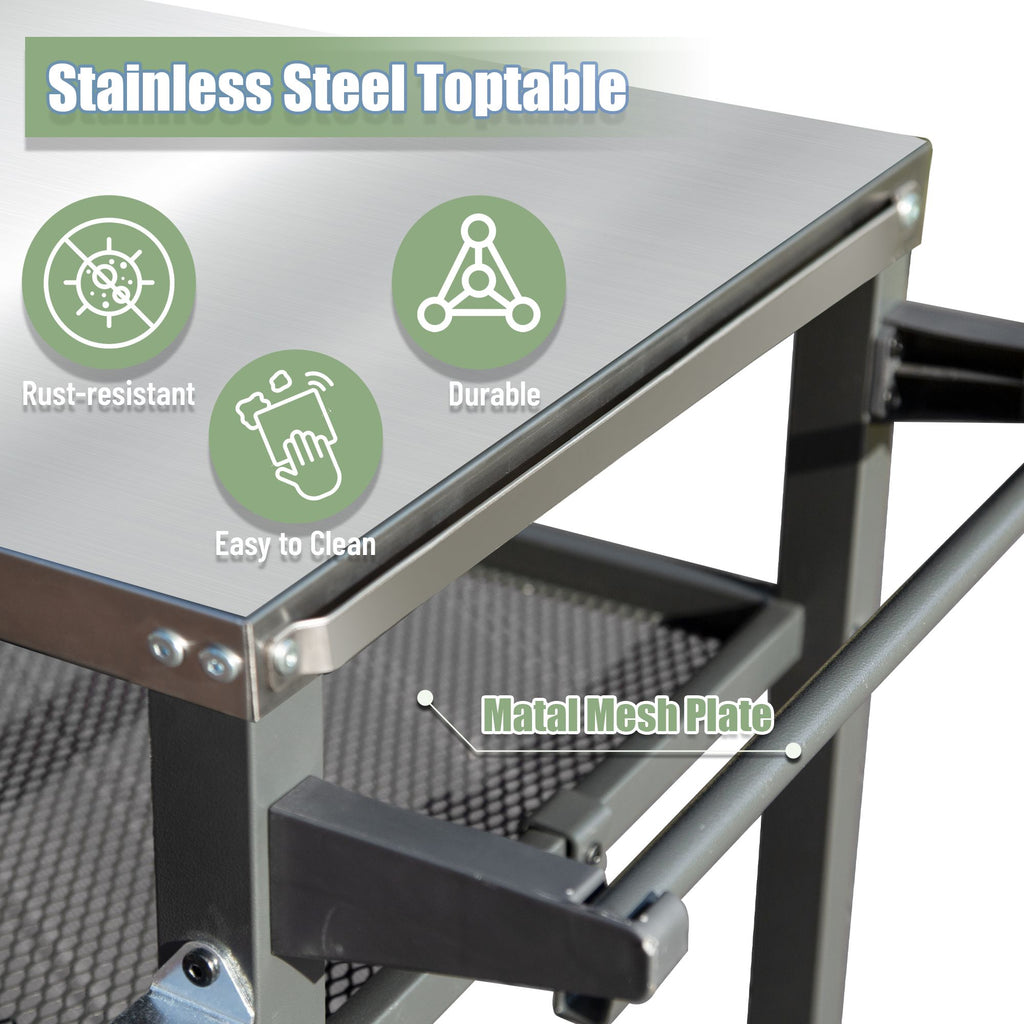 Yeah Depot - 3-Shelf Outdoor Grill Table, Grill Cart with Wheels, Outdoor Pizza Oven and Food Prep Table, Blackstone Table with Stainless Steel Tabletop, Grill Stand for Blackstone Griddle for Outside BBQ