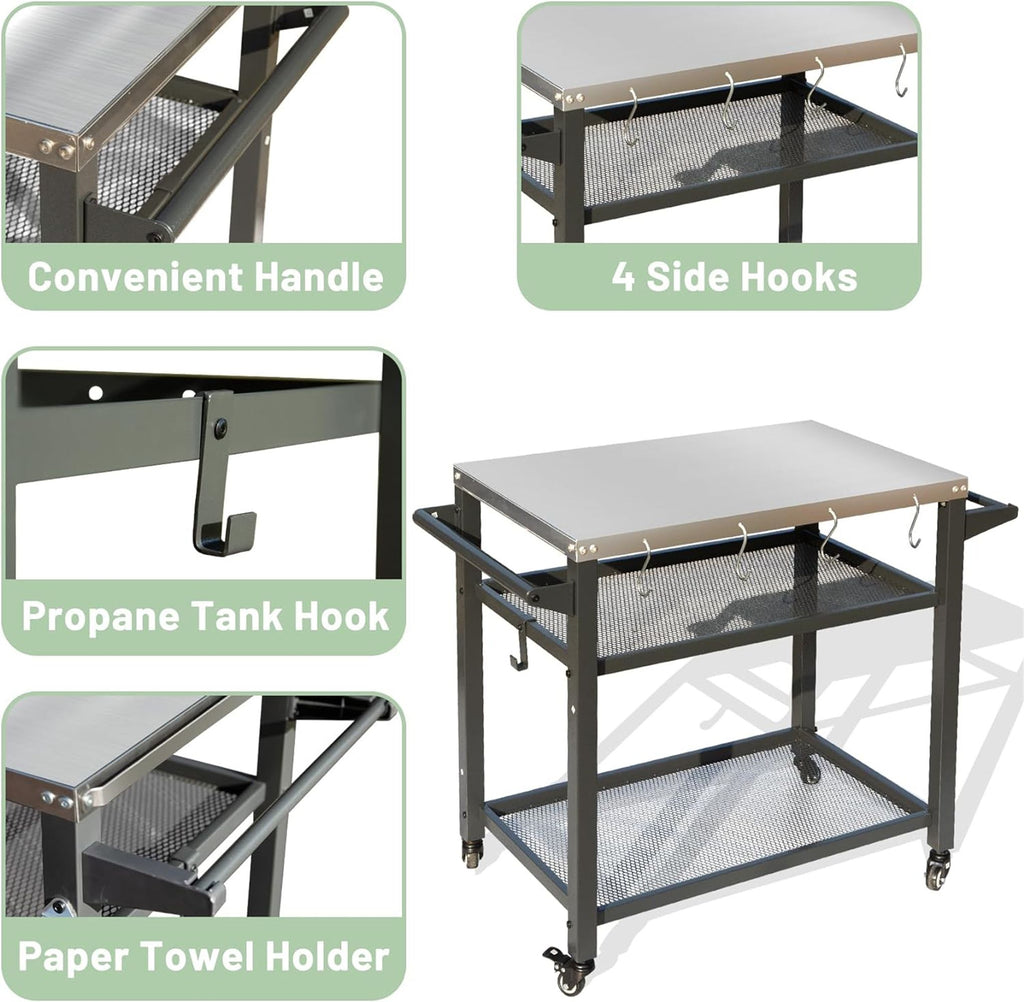 Yeah Depot - 3-Shelf Outdoor Grill Table, Grill Cart with Wheels, Outdoor Pizza Oven and Food Prep Table, Blackstone Table with Stainless Steel Tabletop, Grill Stand for Blackstone Griddle for Outside BBQ