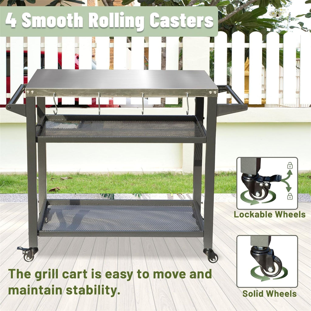 Yeah Depot - 3-Shelf Outdoor Grill Table, Grill Cart with Wheels, Outdoor Pizza Oven and Food Prep Table, Blackstone Table with Stainless Steel Tabletop, Grill Stand for Blackstone Griddle for Outside BBQ