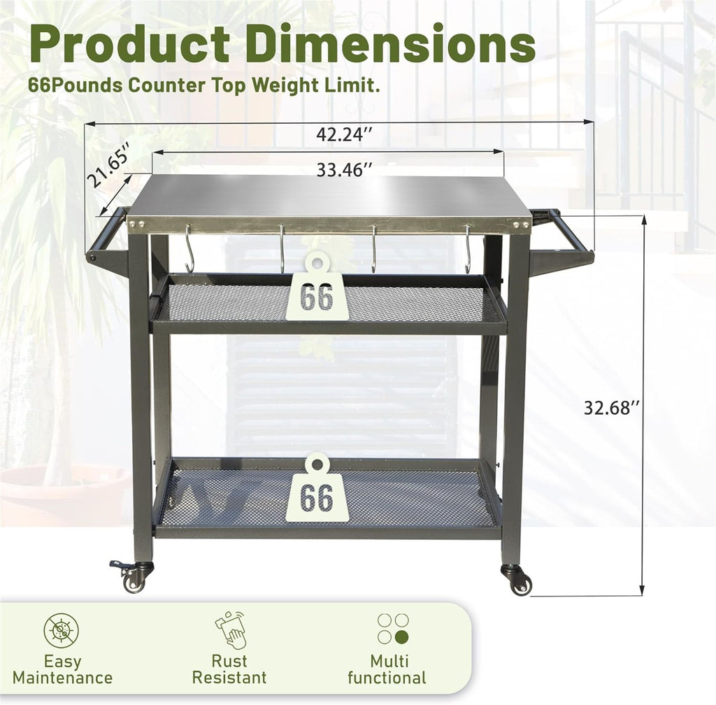 Yeah Depot - 3-Shelf Outdoor Grill Table, Grill Cart with Wheels, Outdoor Pizza Oven and Food Prep Table, Blackstone Table with Stainless Steel Tabletop, Grill Stand for Blackstone Griddle for Outside BBQ