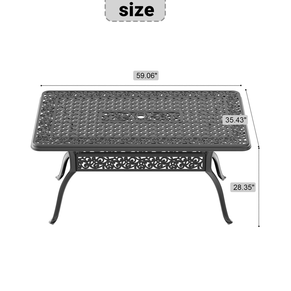 Yeah Depot - L59.05*W35.43-inch Cast Aluminum Patio Dining Table with Black Frame and Umbrella Hole