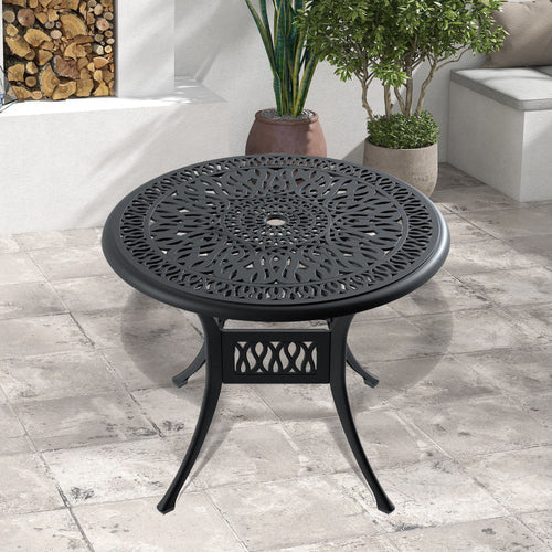 Yeah Depot - Ã˜35.43-inch Cast Aluminum Patio Dining Table With Black Frame and Umbrella Hole