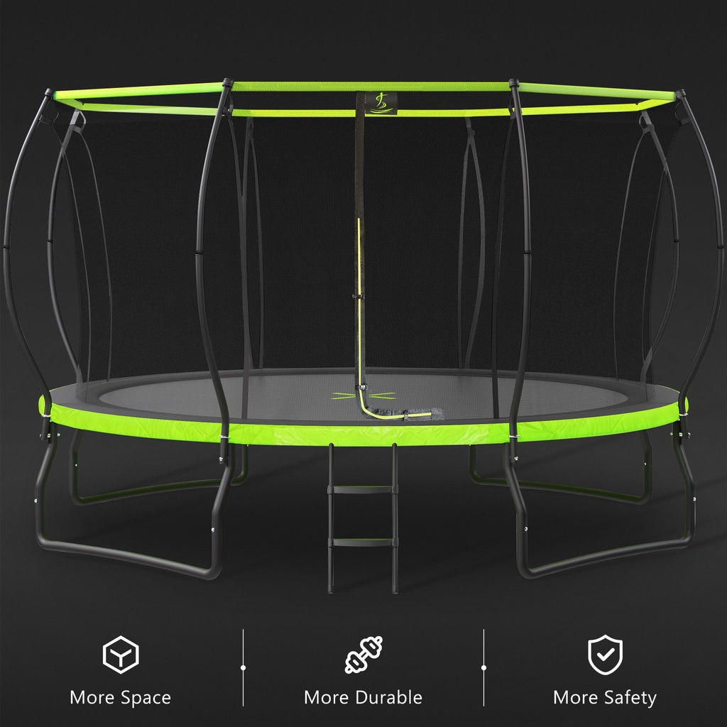 Yeah Depot - New Design 14FT Trampoline for Kids with Upgraded Arc Composite Pole and Safety Enclosure Net, Ladder and 8 Wind Stakes, Round Outdoor Recreational Playset Balanced Physical Training Trampoline