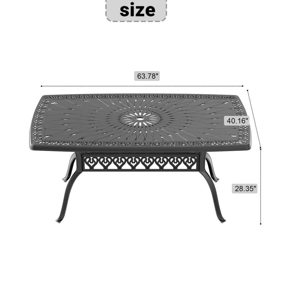 Yeah Depot - L63.78*W35.43/40.15-inch Cast Aluminum Patio Dining Table with Black Frame and Umbrella Hole