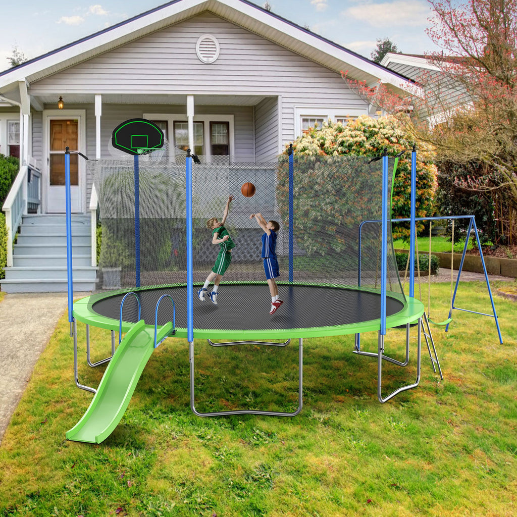 Yeah Depot - 14FT Trampoline with Slide and Swings, ASTM Approved Large Recreational Trampoline with Basketball Hoop and Ladder,Outdoor Backyard Trampoline with Net, Capacity for Kids and Adults