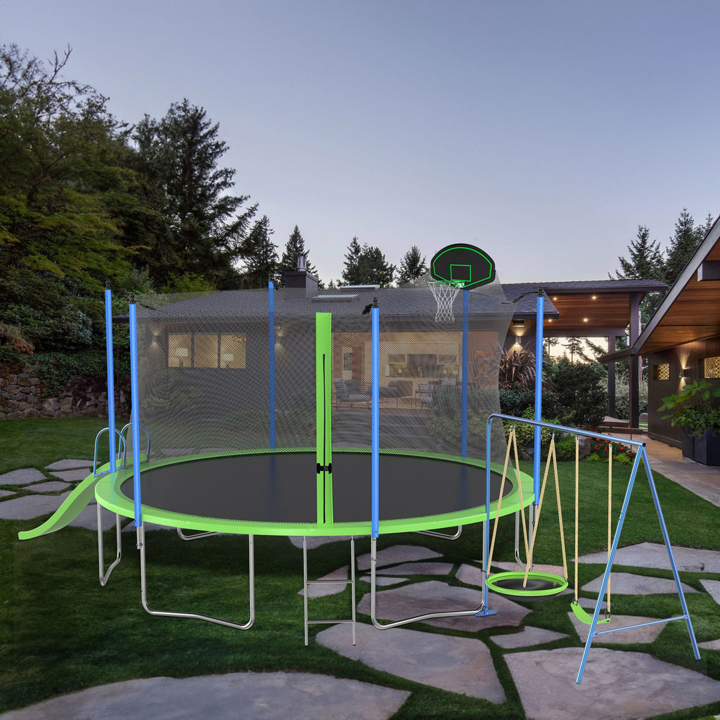 Yeah Depot - 14FT Trampoline with Slide and Swings, ASTM Approved Large Recreational Trampoline with Basketball Hoop and Ladder,Outdoor Backyard Trampoline with Net, Capacity for Kids and Adults