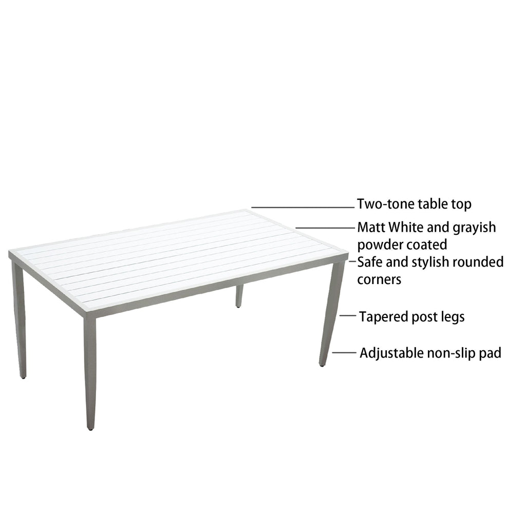 Yeah Depot - Outdoor Patio Aluminum 40''x70'' Two-tone Table Top Rectangle Dining Table with Tapered Feet & Umbrella Hole, Matte White+ Grayish