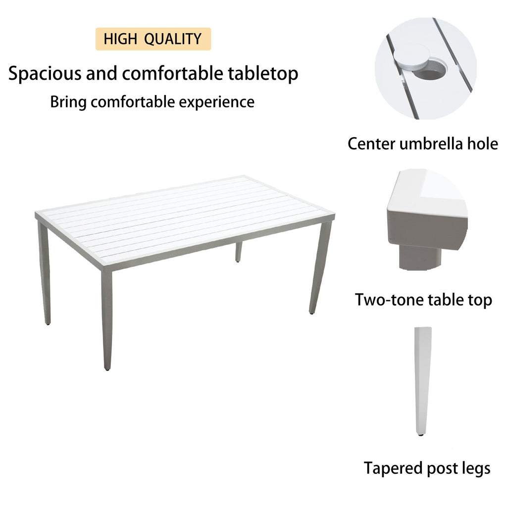 Yeah Depot - Outdoor Patio Aluminum 40''x70'' Two-tone Table Top Rectangle Dining Table with Tapered Feet & Umbrella Hole, Matte White+ Grayish