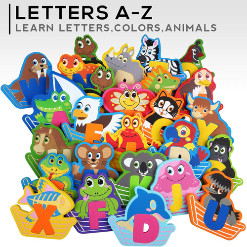 Baby Loovi - Non Toxic Foam Bath Toys for Boys Girls Wet and Stick Bathtub Alphabet with Toy Organizer Educational Floating Toys Early Learning Puzzles Fun Letters Animals Colors Set of 52 Pcs with eBook