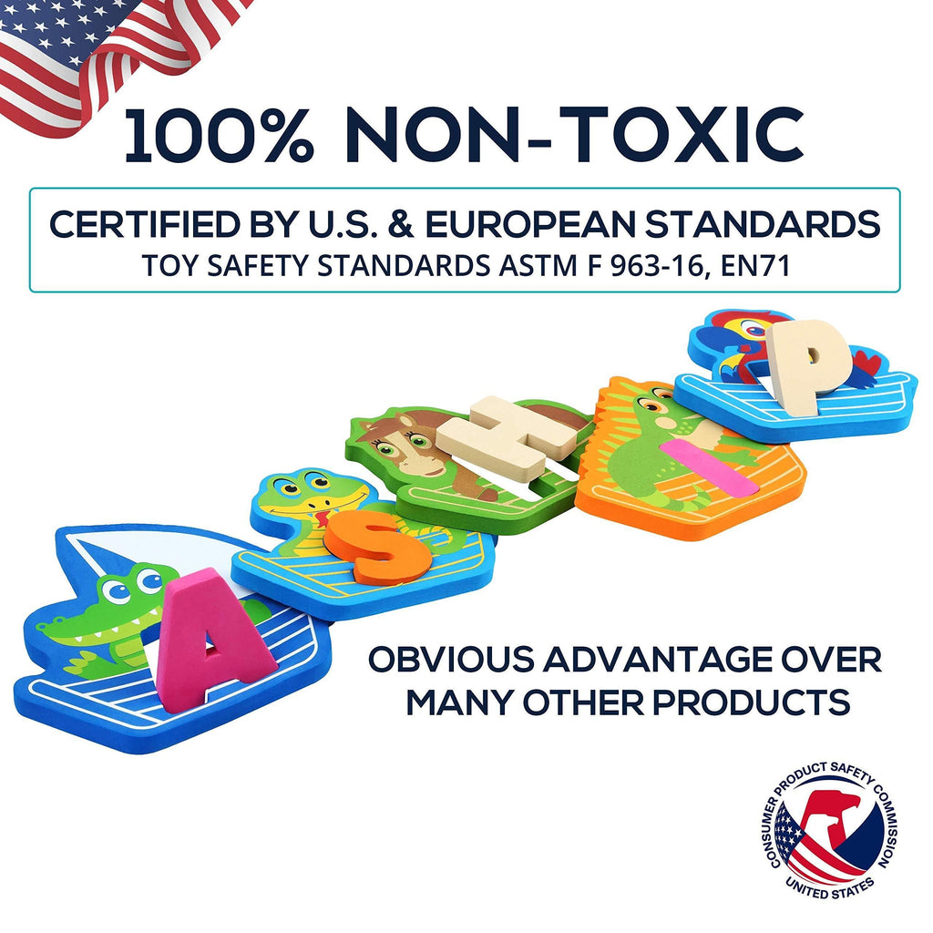 Baby Loovi - Non Toxic Foam Bath Toys for Boys Girls Wet and Stick Bathtub Alphabet with Toy Organizer Educational Floating Toys Early Learning Puzzles Fun Letters Animals Colors Set of 52 Pcs with eBook