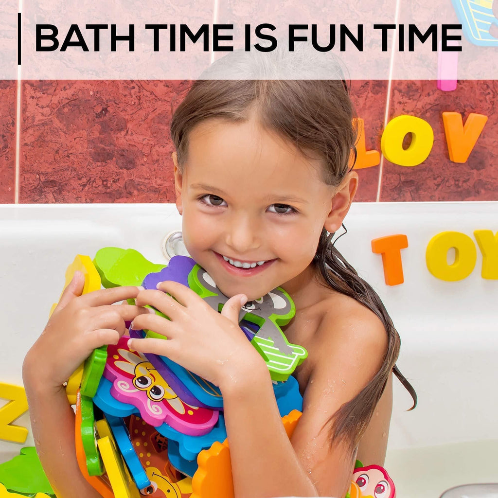 Baby Loovi - Non Toxic Foam Bath Toys for Boys Girls Wet and Stick Bathtub Alphabet with Toy Organizer Educational Floating Toys Early Learning Puzzles Fun Letters Animals Colors Set of 52 Pcs with eBook