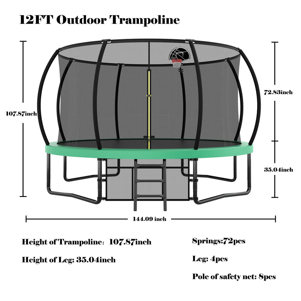 Yeah Depot - 12FT Recreational Kids Trampoline with Safety Enclosure Net & Ladder, Outdoor Recreational Trampolines
