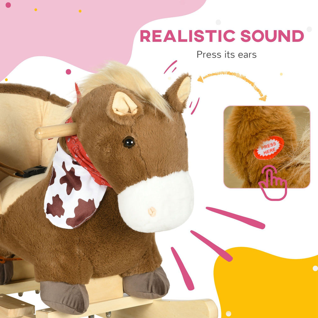 Yeah Depot - Qaba Baby Rocking Horse, Riding Horse, Plush Animal Rocker with Realistic Sound, Pedals for Ages 18-36 Months, Brown