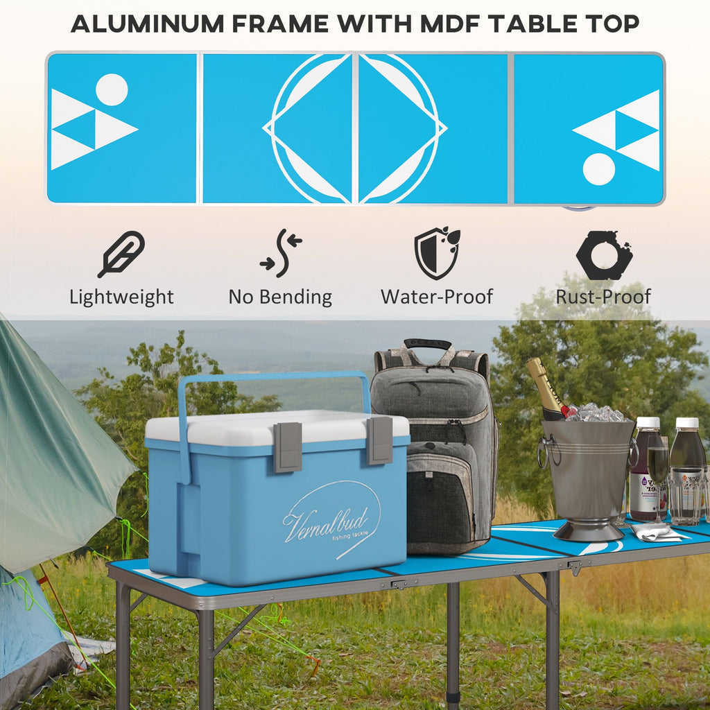 Yeah Depot - Outsunny 8ft Portable Beer Pong Table with Adjustable Legs, Folding Camping Table, Aluminum Picnic Table, for Party, Travel, BBQ, Beach, Blue and White