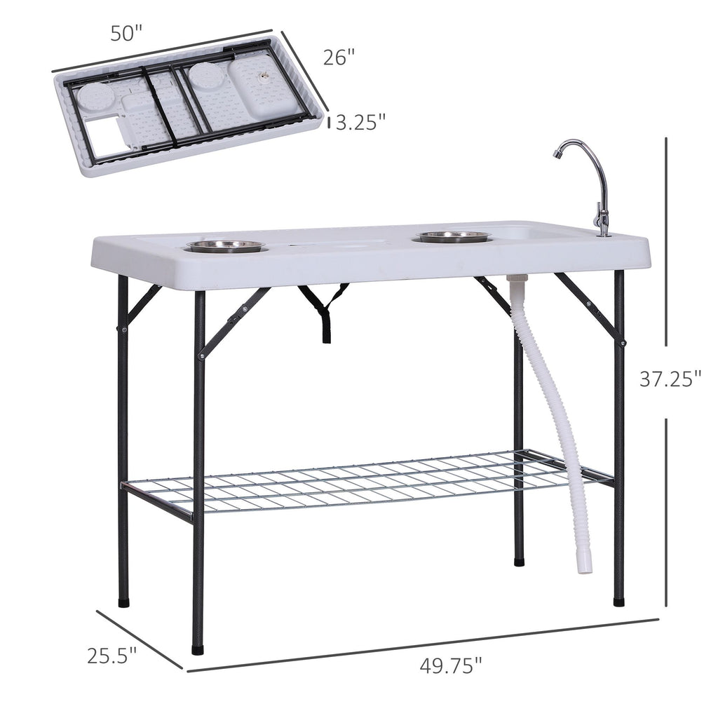 Yeah Depot - Outsunny Folding Fish Cleaning Table with Sink, Portable Camping Table with Faucet Drainage Hose, Grid Rack and Fish Cleaning Kit for Picnic, Fishing, 50''