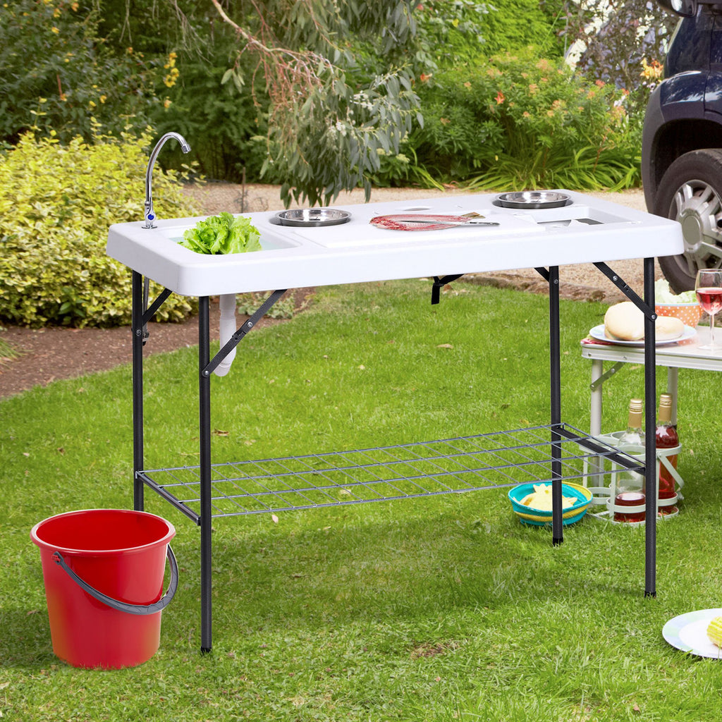 Yeah Depot - Outsunny Folding Fish Cleaning Table with Sink, Portable Camping Table with Faucet Drainage Hose, Grid Rack and Fish Cleaning Kit for Picnic, Fishing, 50''