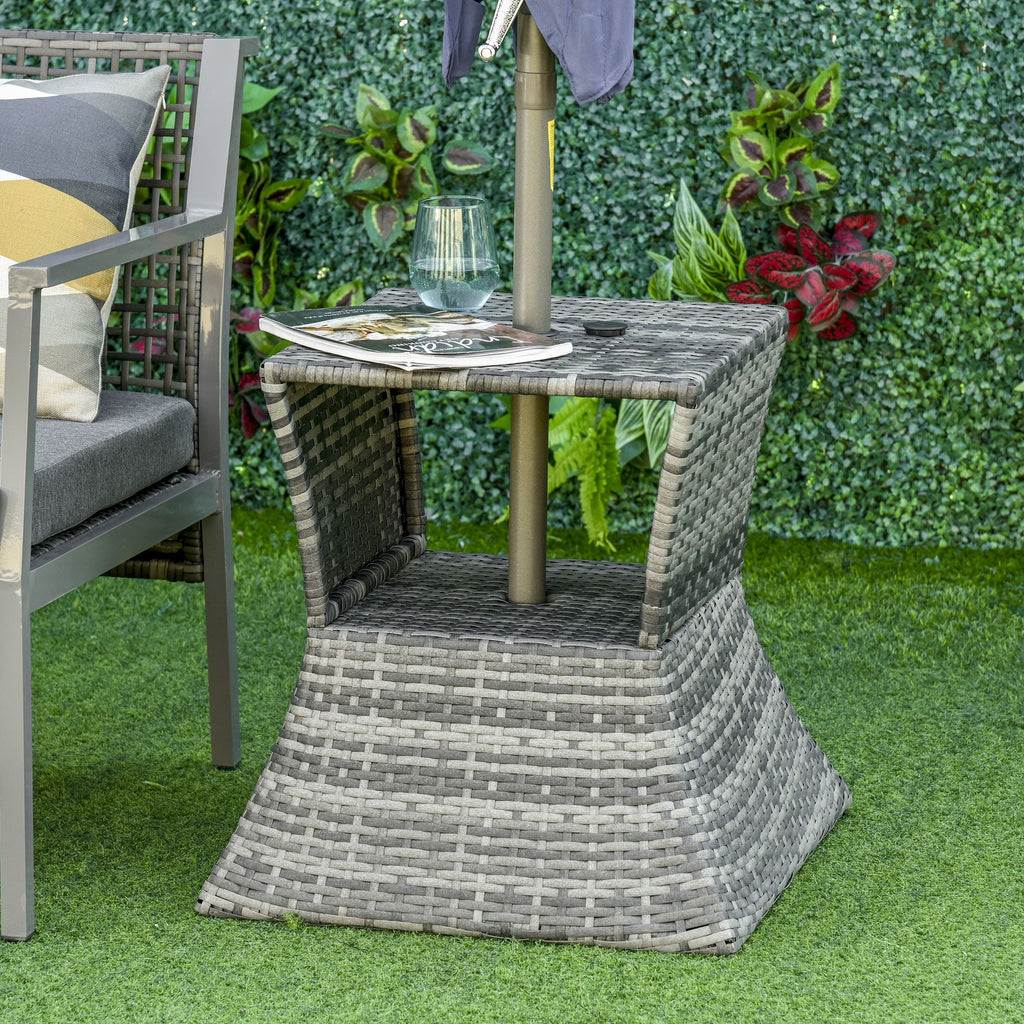Yeah Depot - Outsunny Rattan Wicker Side Table with Umbrella Hole, 2 Tier Storage Shelf for All Weather for Outdoor, Patio, Garden, Backyard, Mixed Grey