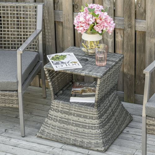 Yeah Depot - Outsunny Rattan Wicker Side Table with Umbrella Hole, 2 Tier Storage Shelf for All Weather for Outdoor, Patio, Garden, Backyard, Mixed Grey