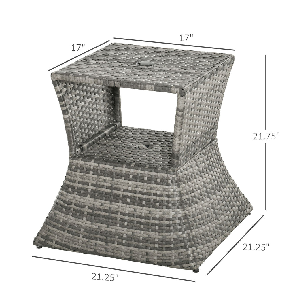 Yeah Depot - Outsunny Rattan Wicker Side Table with Umbrella Hole, 2 Tier Storage Shelf for All Weather for Outdoor, Patio, Garden, Backyard, Mixed Grey