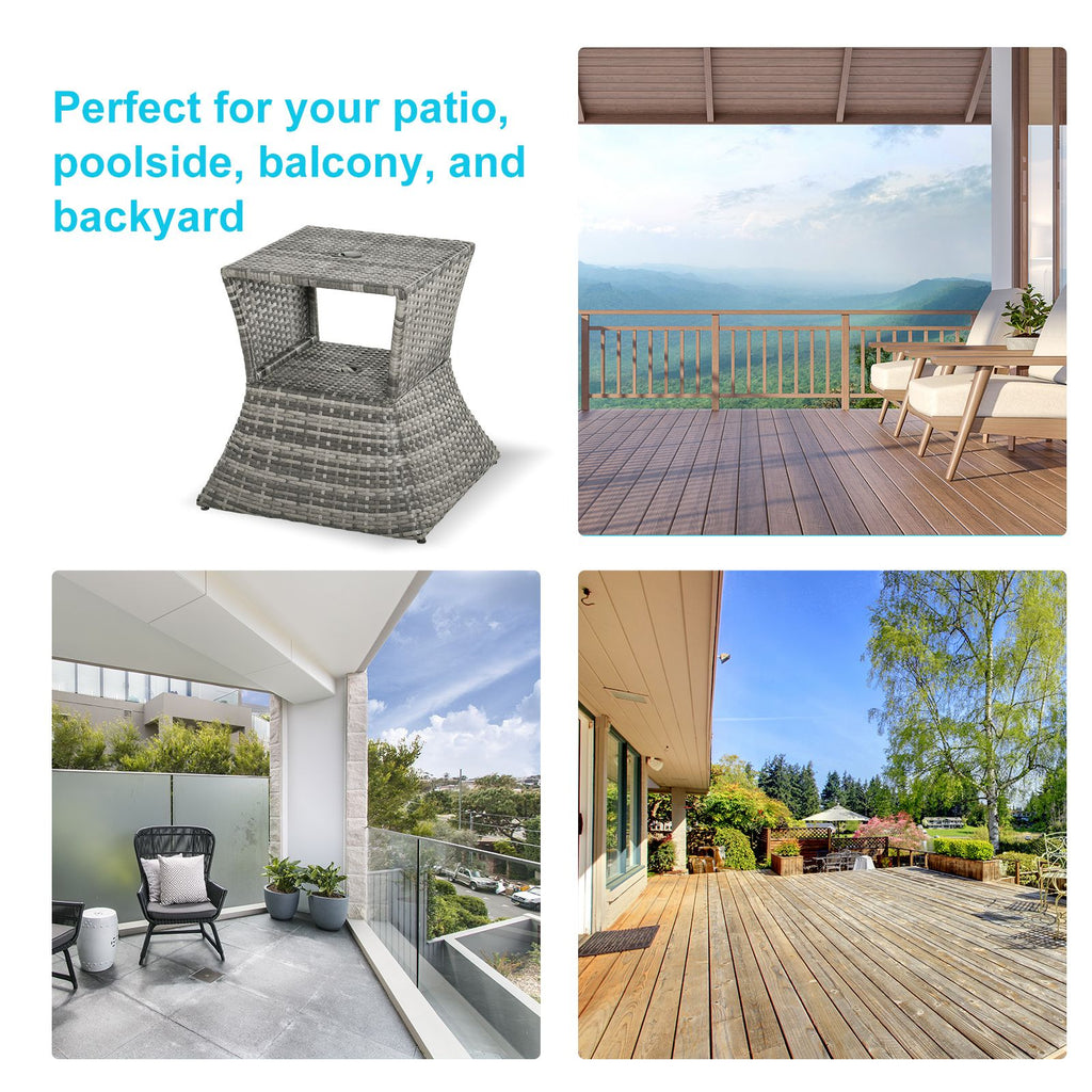 Yeah Depot - Outsunny Rattan Wicker Side Table with Umbrella Hole, 2 Tier Storage Shelf for All Weather for Outdoor, Patio, Garden, Backyard, Mixed Grey