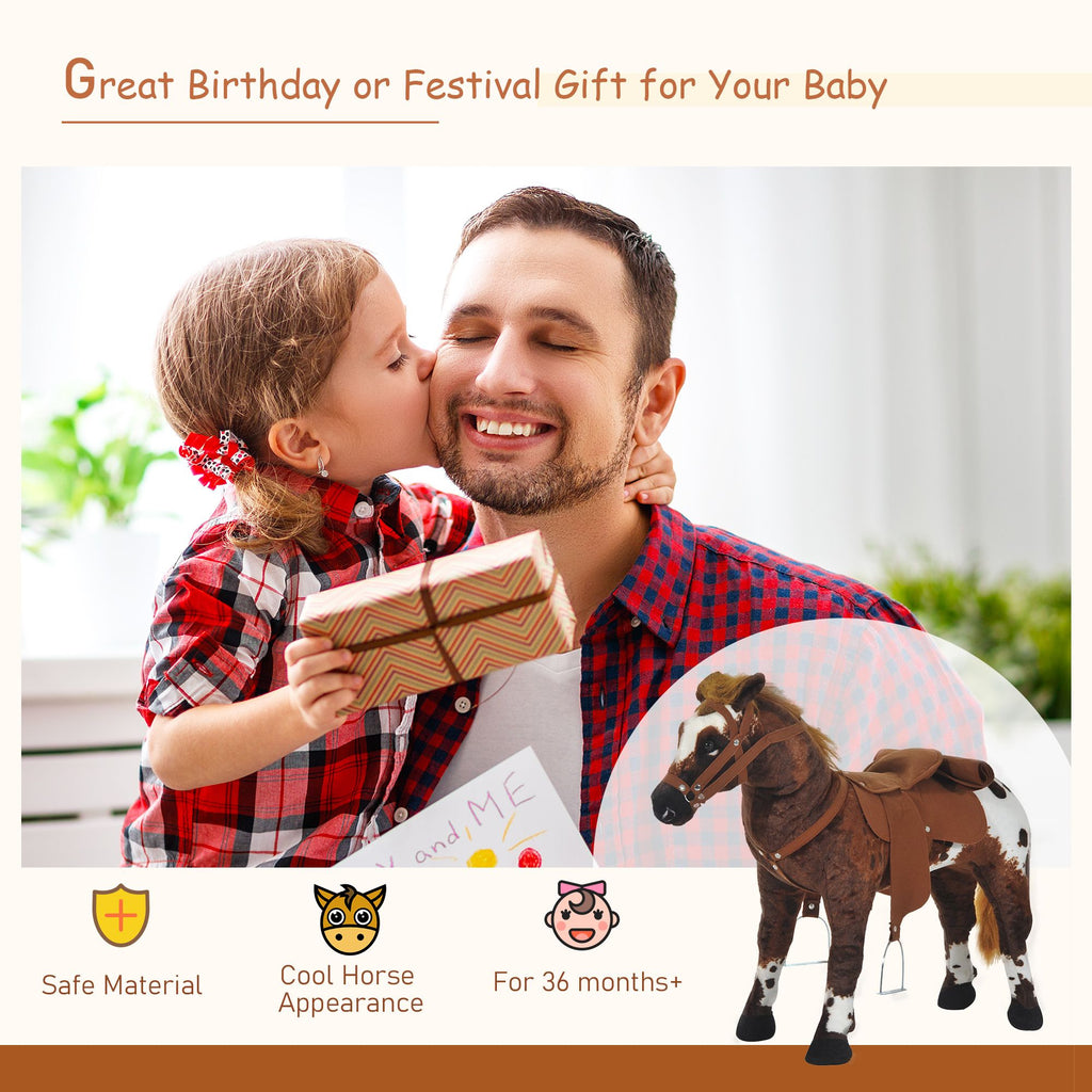 Yeah Depot - Qaba Sound-Making Ride On Horse for Toddlers 3-5, with Neighing and Galloping Sound, Stuffed Animal Horse Toy for Kids with Padding, Soft Feel, Brown