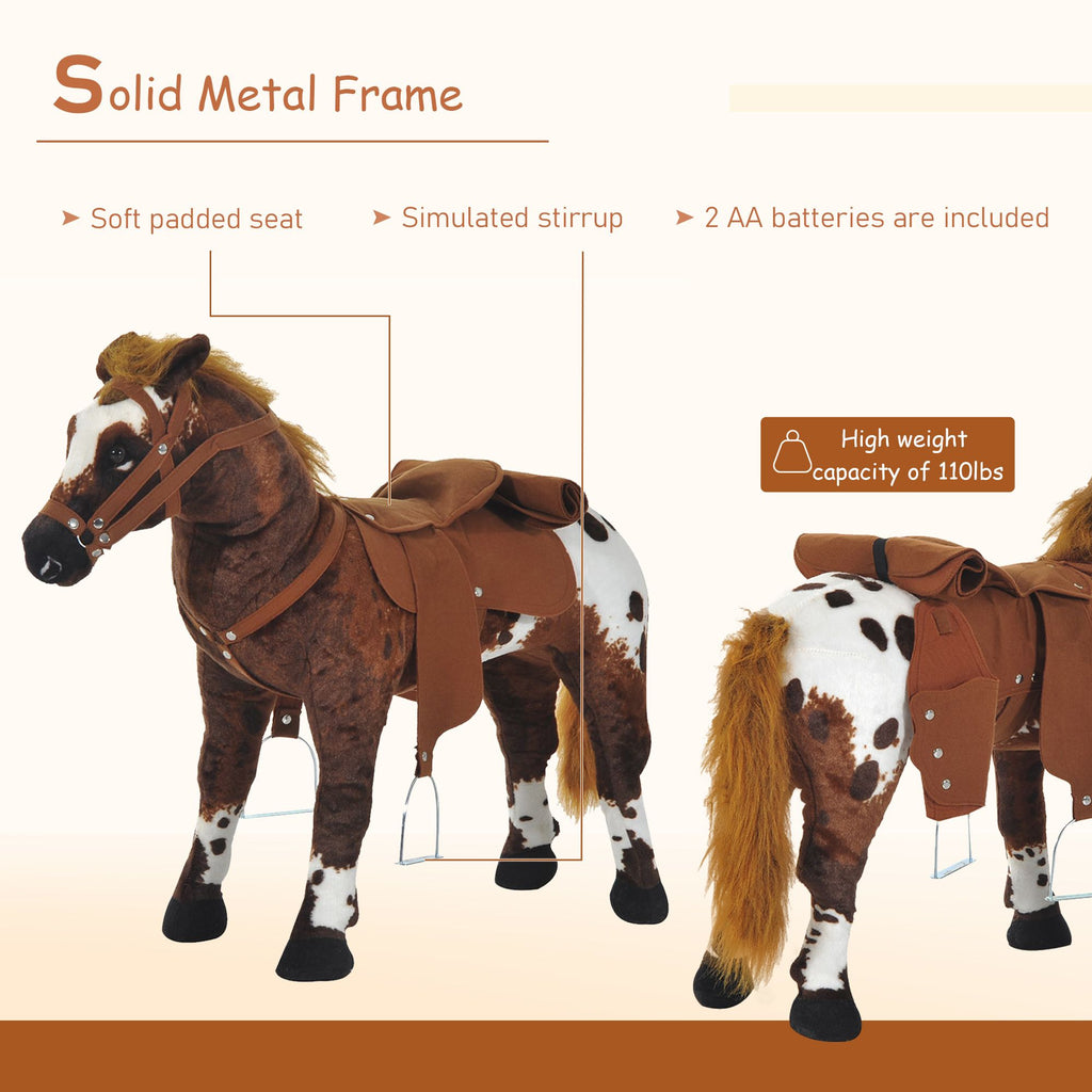 Yeah Depot - Qaba Sound-Making Ride On Horse for Toddlers 3-5, with Neighing and Galloping Sound, Stuffed Animal Horse Toy for Kids with Padding, Soft Feel, Brown