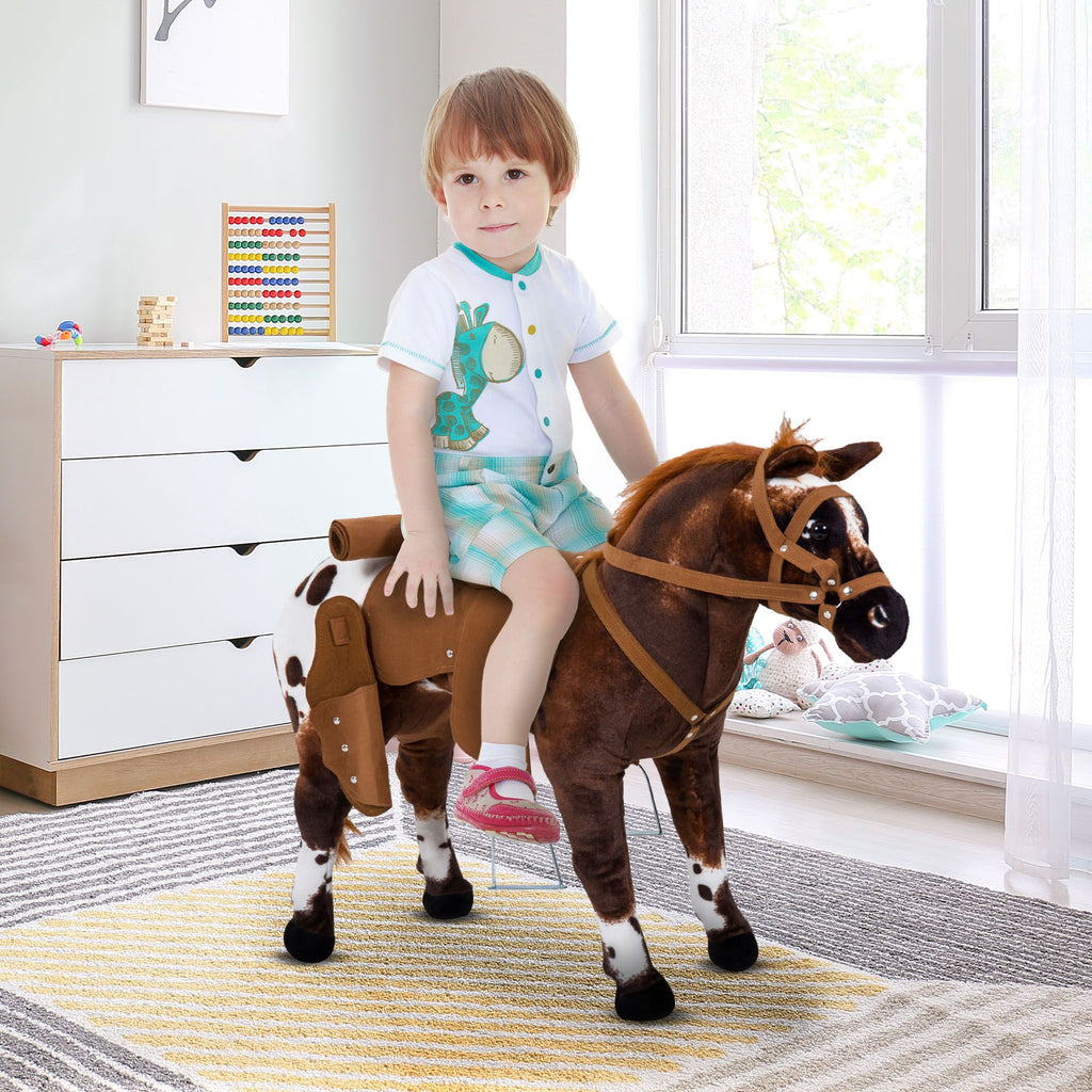 Yeah Depot - Qaba Sound-Making Ride On Horse for Toddlers 3-5, with Neighing and Galloping Sound, Stuffed Animal Horse Toy for Kids with Padding, Soft Feel, Brown