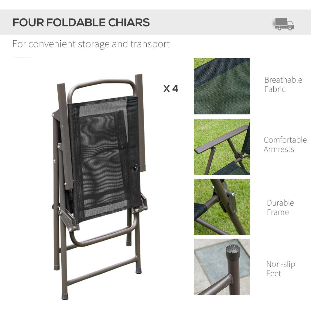 Yeah Depot - Outsunny 6 Piece Patio Dining Set for 4 with Umbrella, Outdoor Table and Chairs with 4 Folding Dining Chairs & Round Glass Table for Garden, Backyard and Poolside, Black