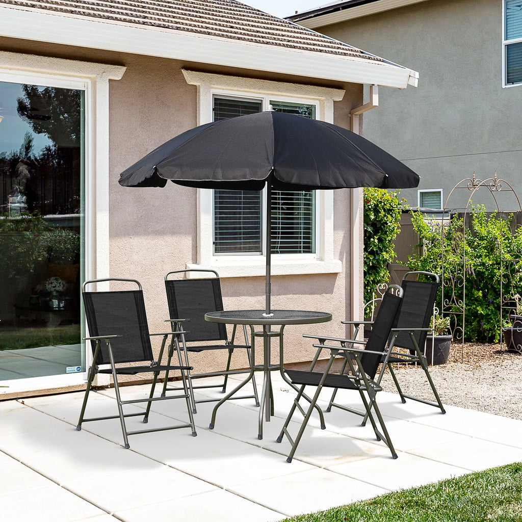 Yeah Depot - Outsunny 6 Piece Patio Dining Set for 4 with Umbrella, Outdoor Table and Chairs with 4 Folding Dining Chairs & Round Glass Table for Garden, Backyard and Poolside, Black