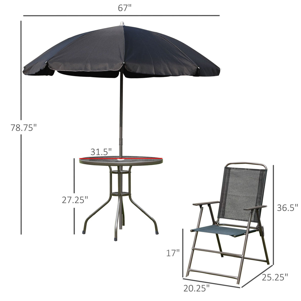 Yeah Depot - Outsunny 6 Piece Patio Dining Set for 4 with Umbrella, Outdoor Table and Chairs with 4 Folding Dining Chairs & Round Glass Table for Garden, Backyard and Poolside, Black