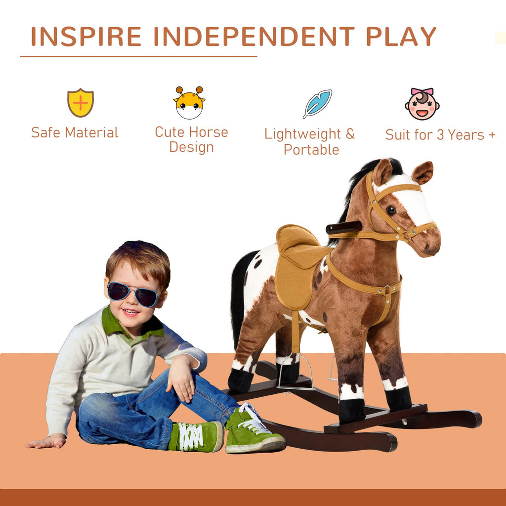 Yeah Depot - Qaba Kids Metal Plush Ride-On Rocking Horse Chair Toy With Realistic Sounds - Dark Brown/White
