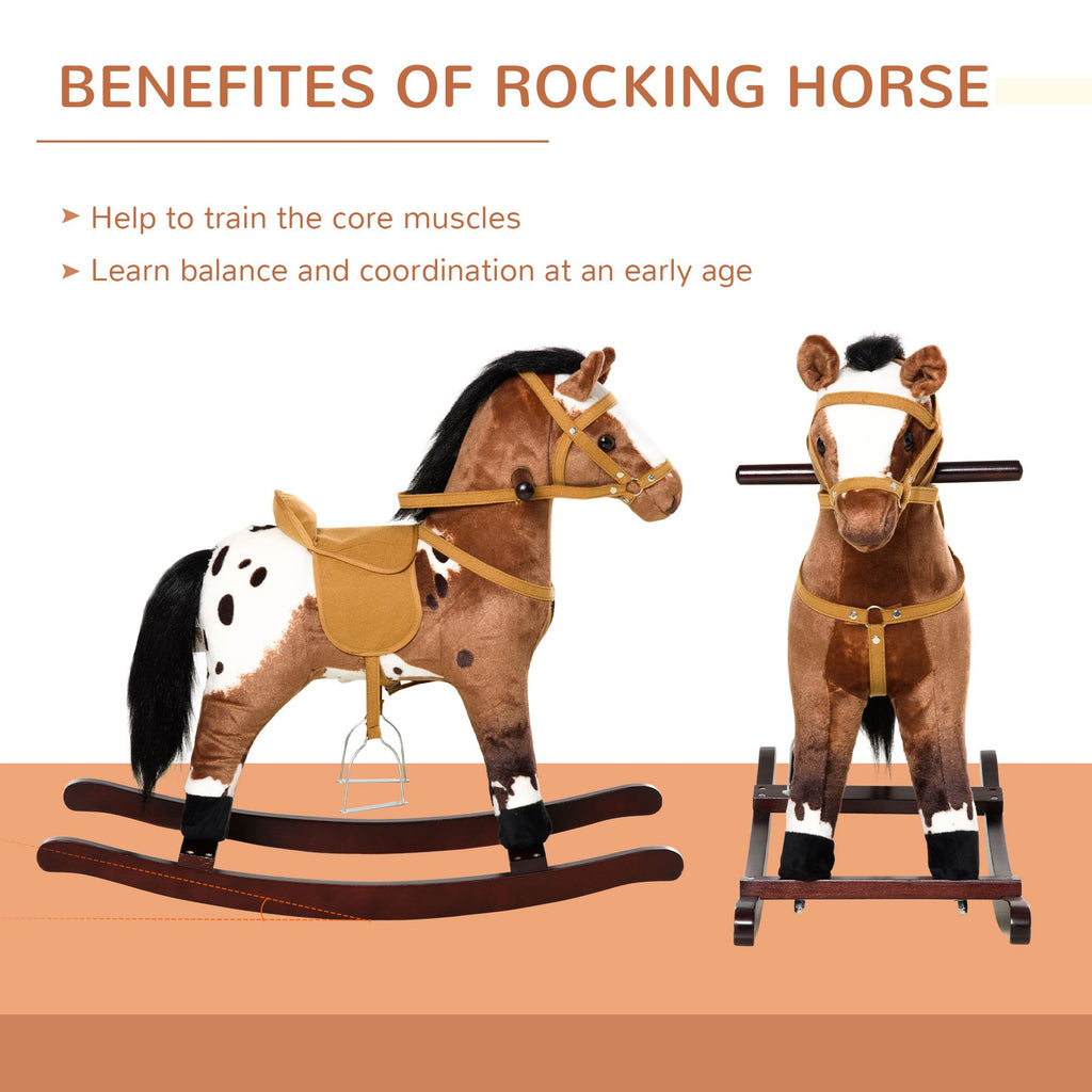 Yeah Depot - Qaba Kids Metal Plush Ride-On Rocking Horse Chair Toy With Realistic Sounds - Dark Brown/White