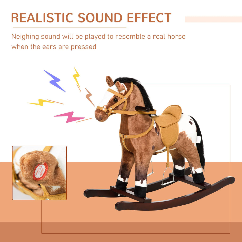 Yeah Depot - Qaba Kids Metal Plush Ride-On Rocking Horse Chair Toy With Realistic Sounds - Dark Brown/White
