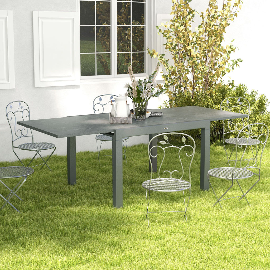 Yeah Depot - Outsunny Extendable Outdoor Dining Table, 41''- 83'' Aluminum Frame Patio Table with Wood Effect Steel Top, Rectangle Expandable Patio Table for 6-8, Dark Gray