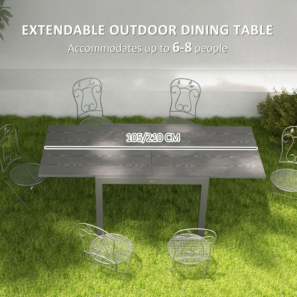 Yeah Depot - Outsunny Extendable Outdoor Dining Table, 41''- 83'' Aluminum Frame Patio Table with Wood Effect Steel Top, Rectangle Expandable Patio Table for 6-8, Dark Gray
